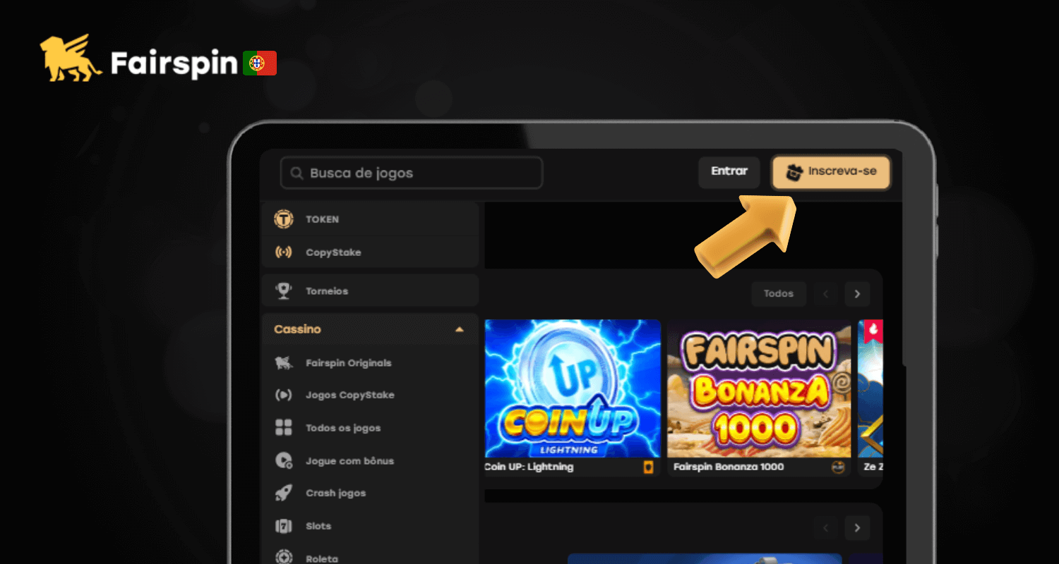 Clique em “Inscreva-se”, localizado no canto superior direito da página inicial do site oficial do Fairspin Casino Portugal.