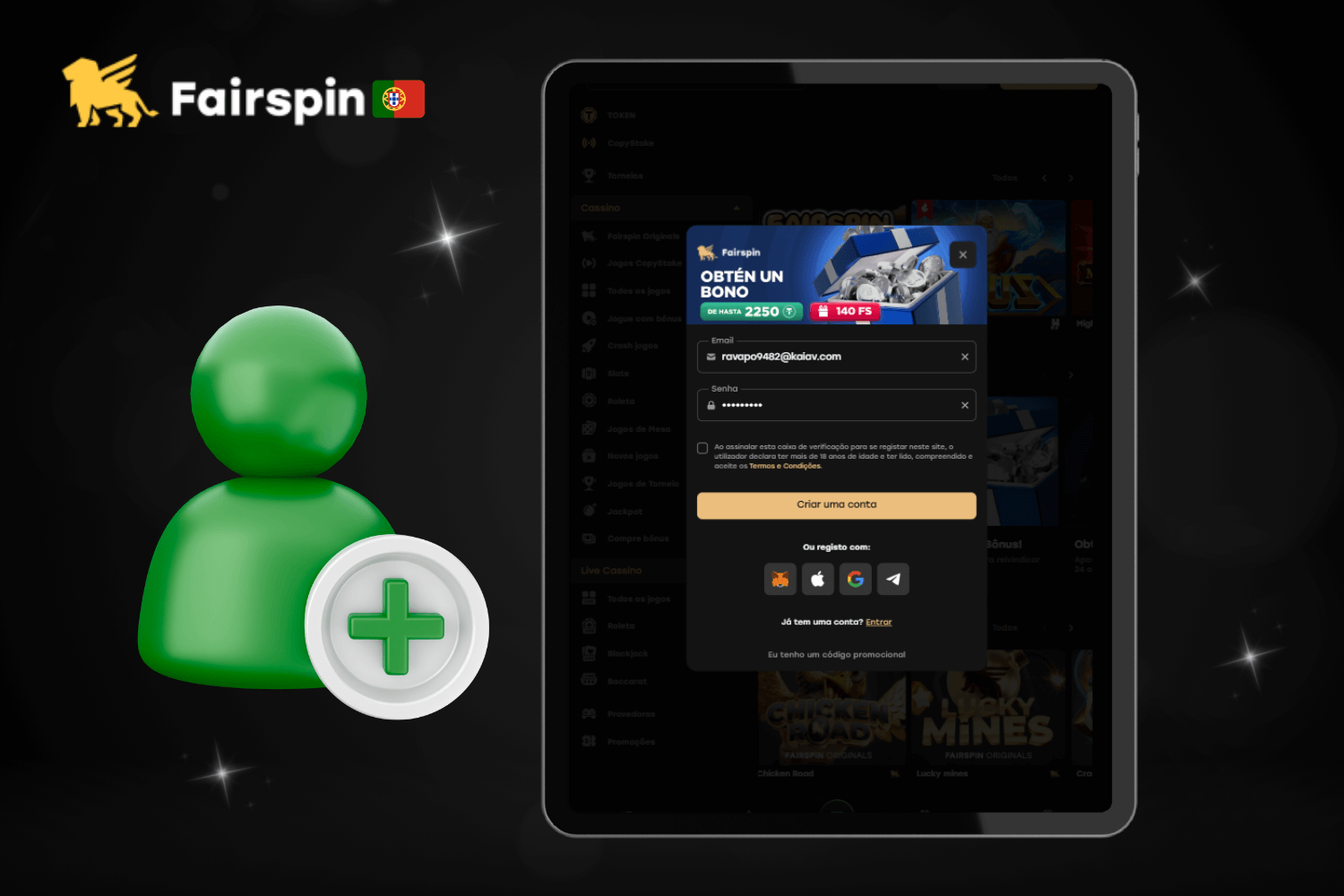 Registo rápido e login na sua conta do Fairspin Casino Portugal